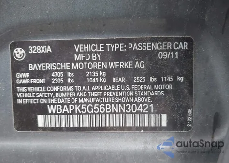 2011 BMW 328I xDrive from USA, damaged, VIN WBAPK5G56BNN30421